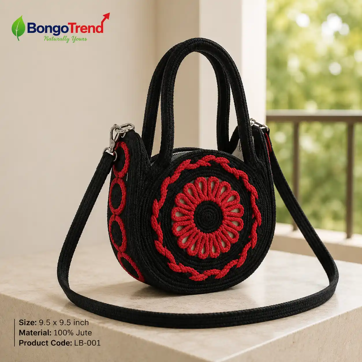 Round Mandala Embroidered Jute Crossbody Bag – Black & Red
