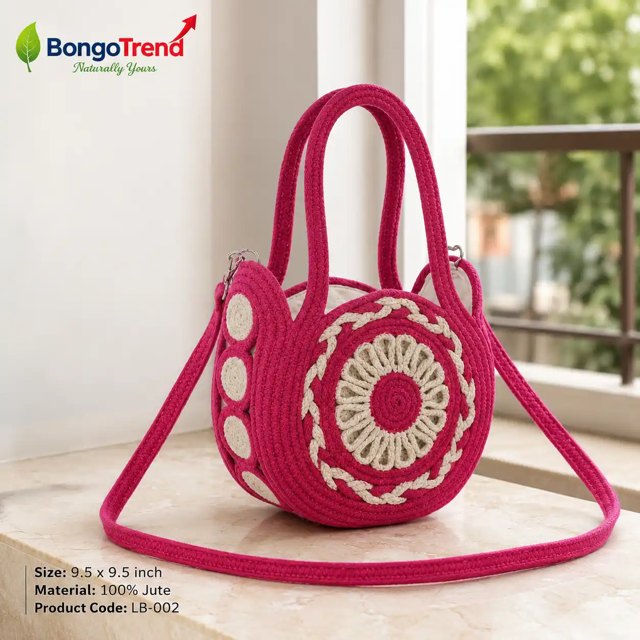Round Mandala Embroidered Jute Crossbody Bag – Pink & White