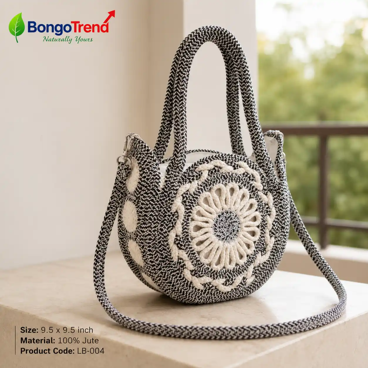 BongoTrend Round Jute Crossbody Bag – Monochrome Black & White