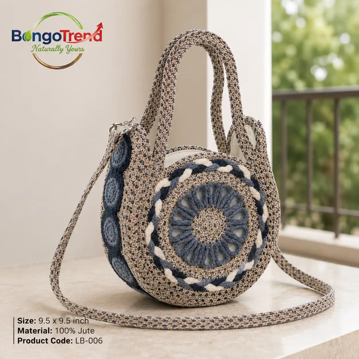 BongoTrend Round Jute Crossbody Bag – Natural Beige & Denim Blue