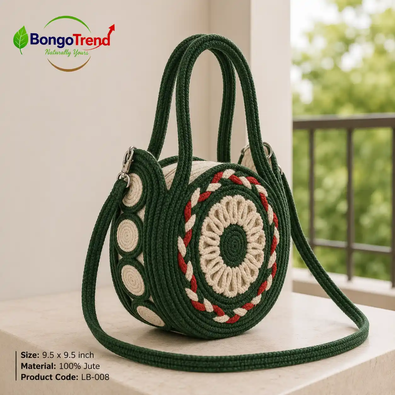 BongoTrend Round Jute Crossbody Bag – Green, White & Red