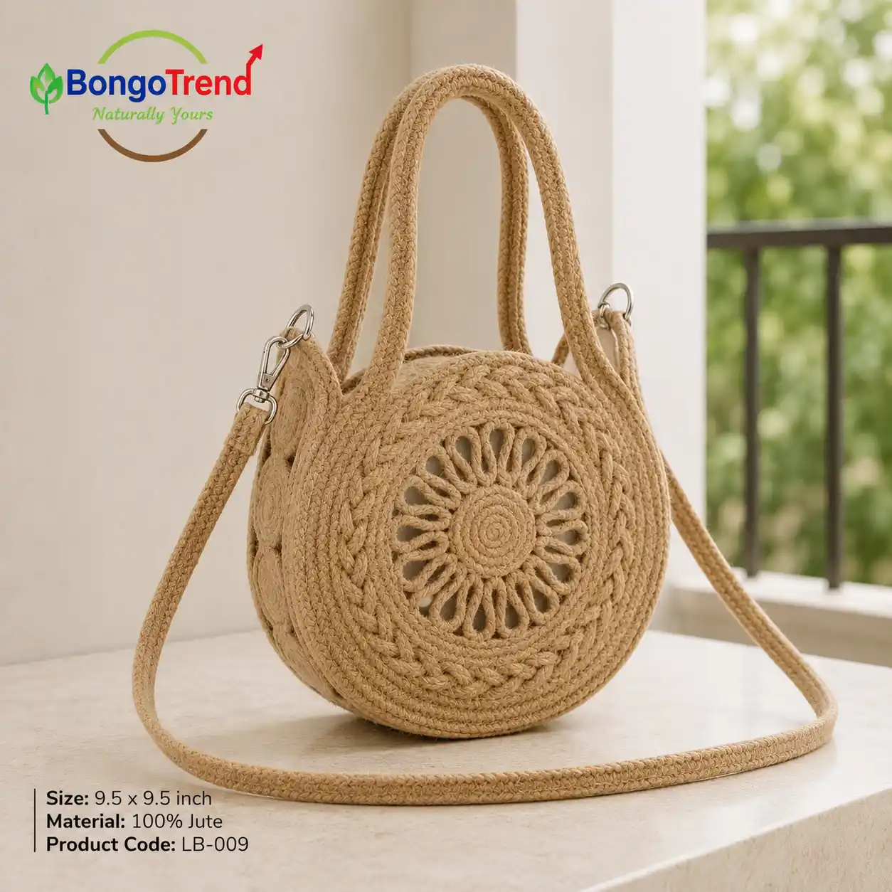 BongoTrend Round Jute Crossbody Bag – Natural Beige Solid