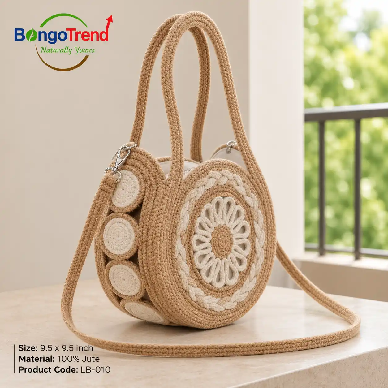 BongoTrend Round Jute Crossbody Bag – Beige & White