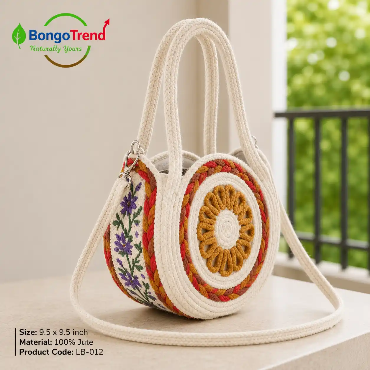 BongoTrend Round Jute Crossbody Bag – White with Floral Embroidery