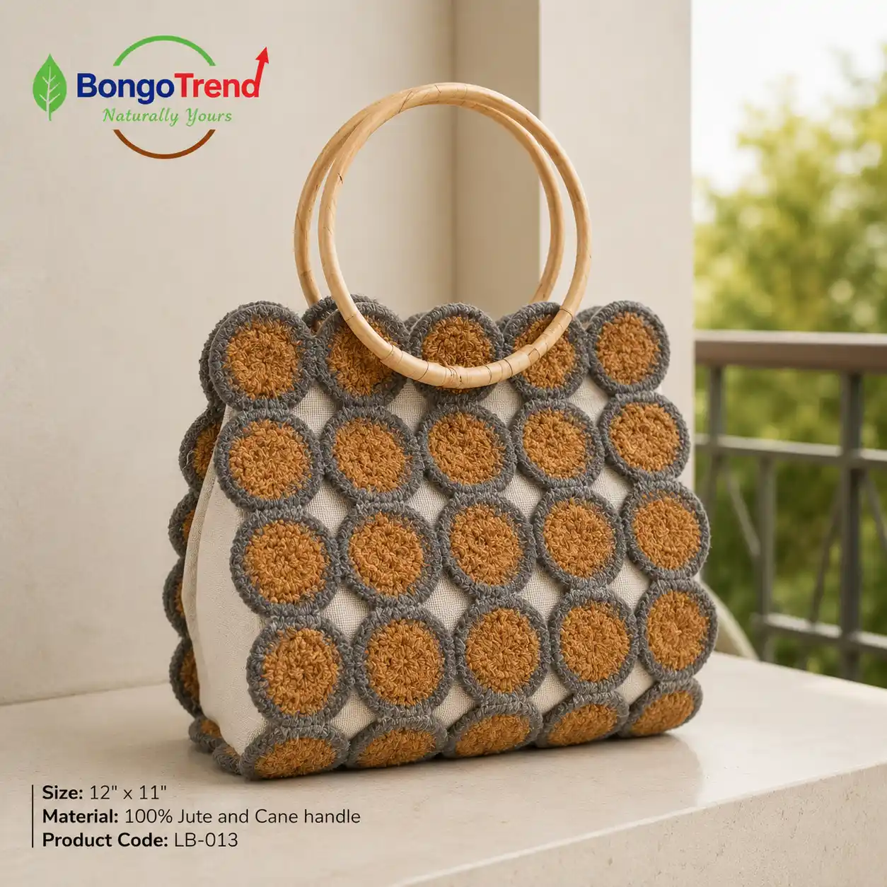 BongoTrend Party Bag – Circle Mosaic Jute Tote with Cane Handles