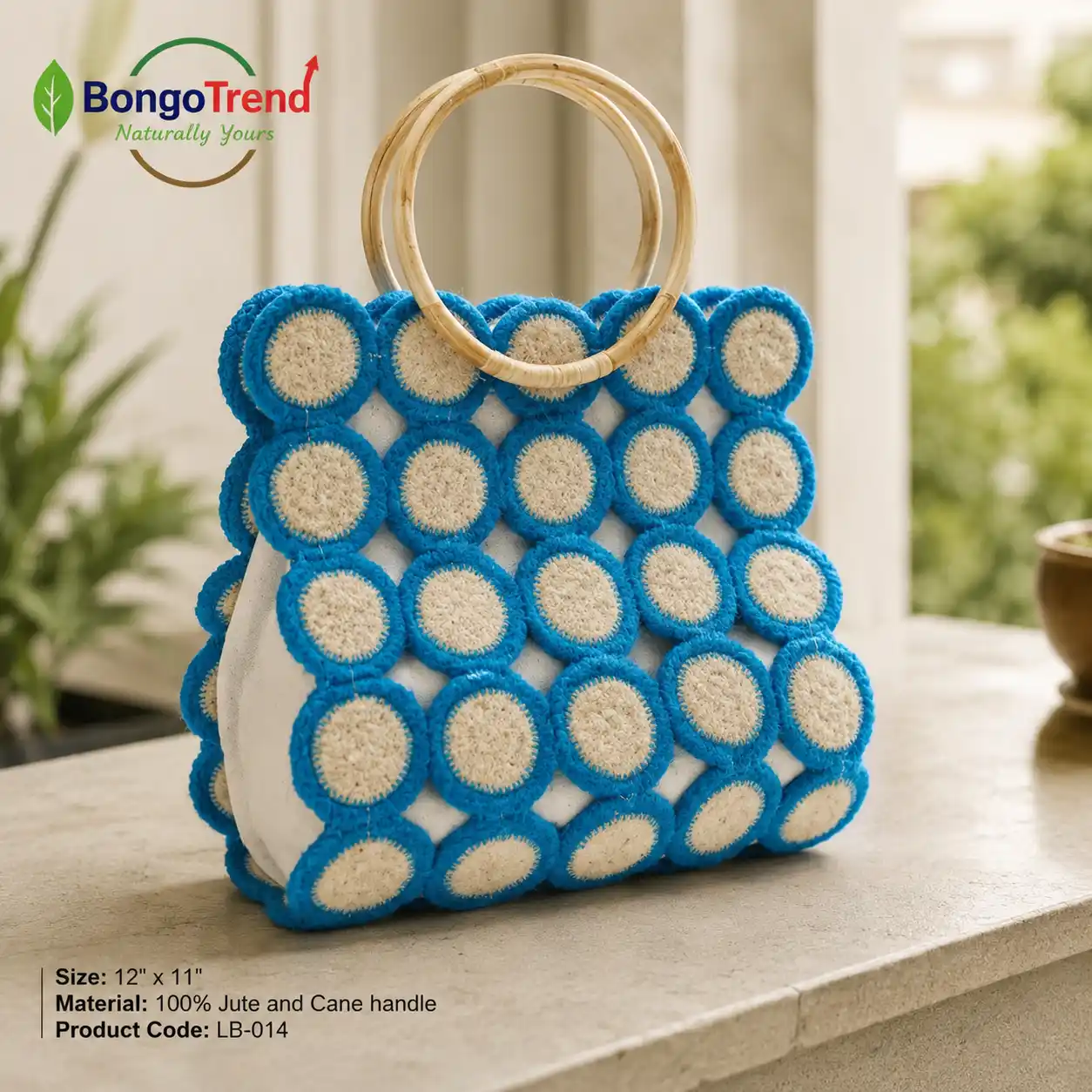 BongoTrend Party Bag – Circle Mosaic Jute Tote in Sky Blue