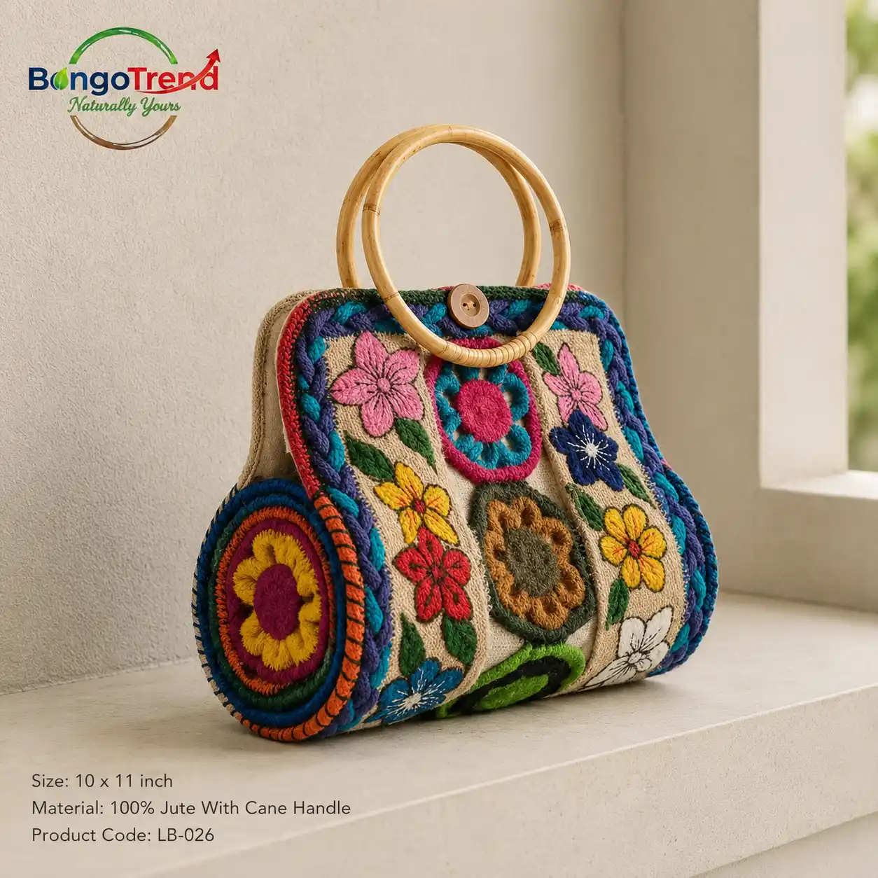BongoTrend Floral Embroidered Jute Party Bag with Cane Handle