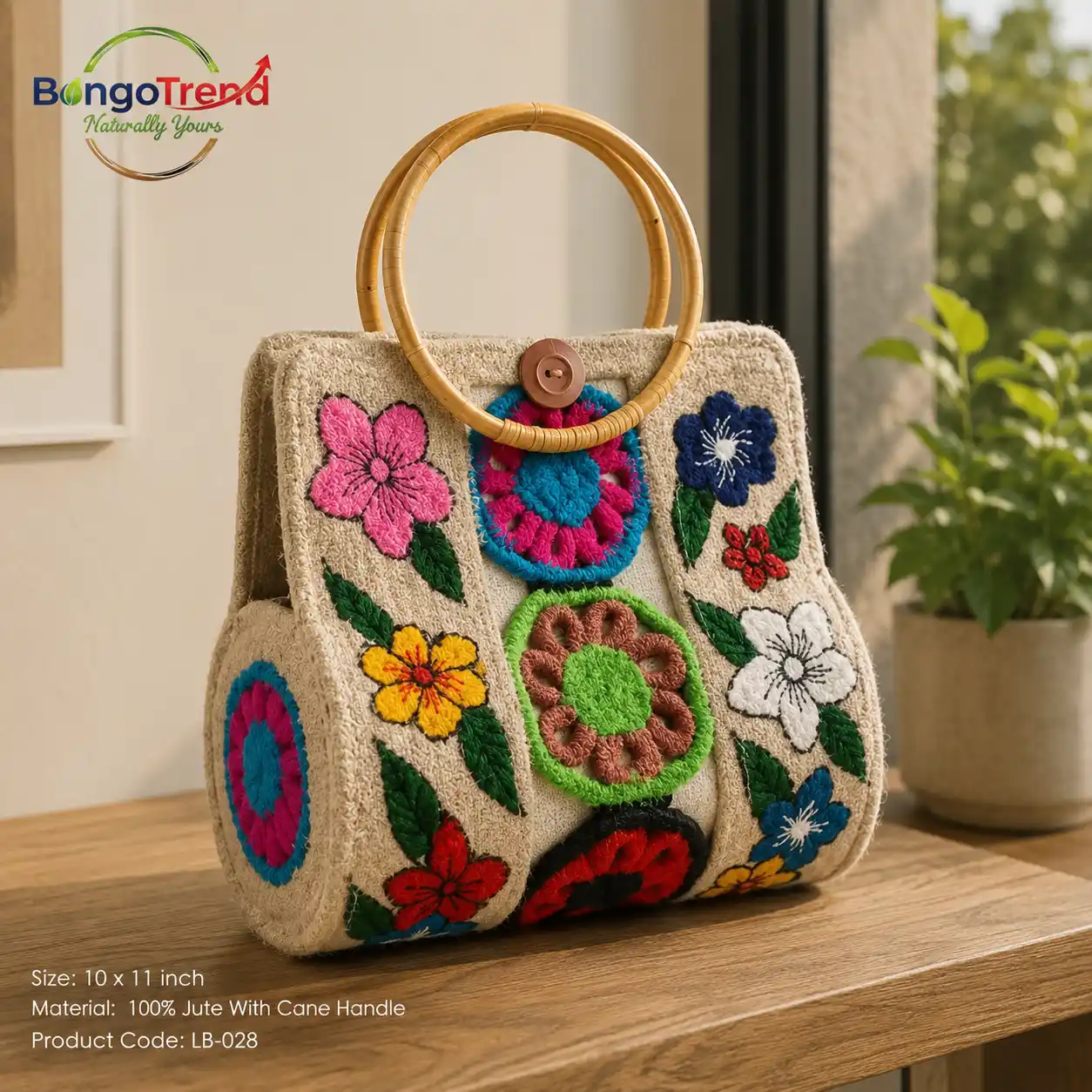 BongoTrend Floral Embroidered Jute Party Bag with Cane Handles