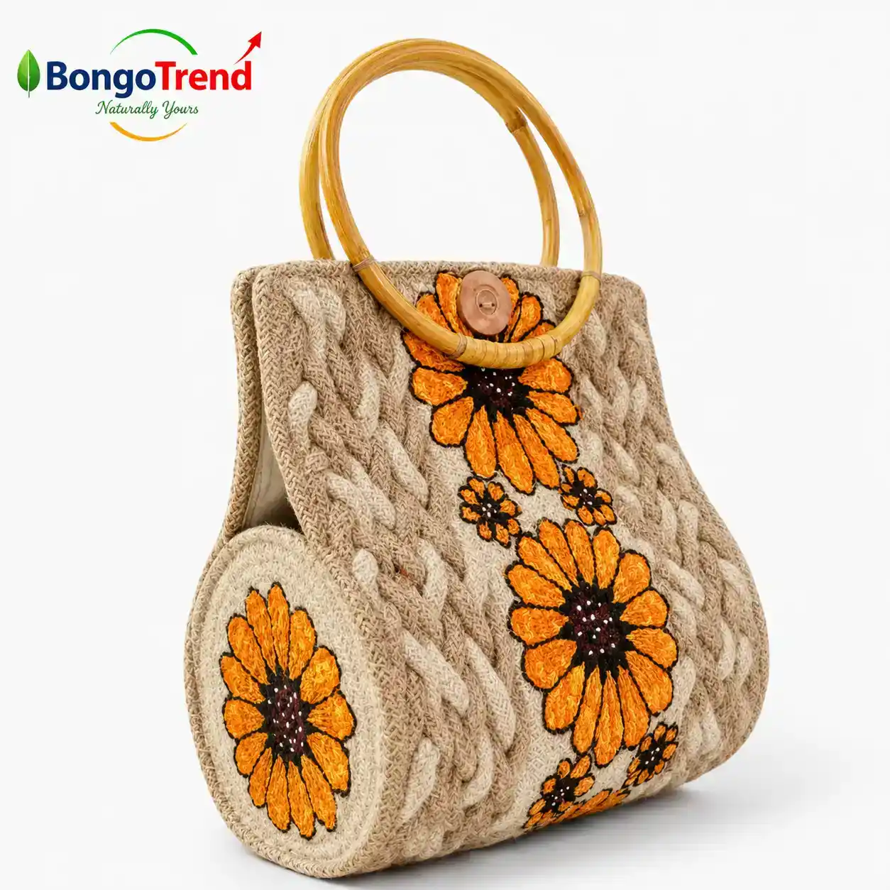 BongoTrend Hand-Painted Sunflower Jute Party Bag with Cane Handle