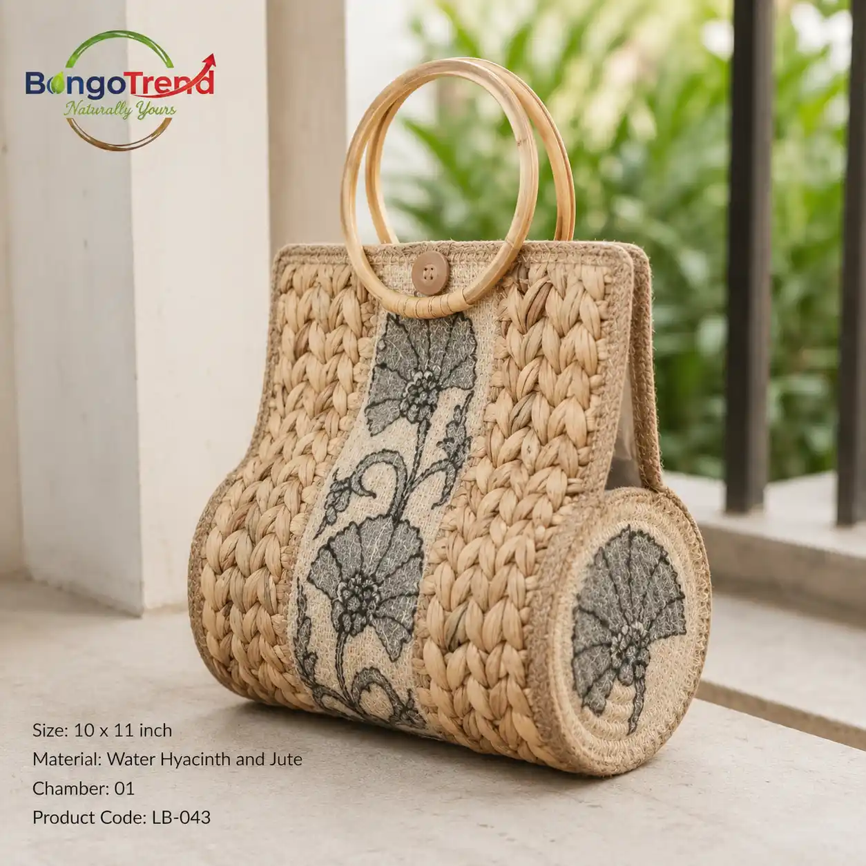 BongoTrend Hand-Painted Floral Water Hyacinth Bag with Cane Handle