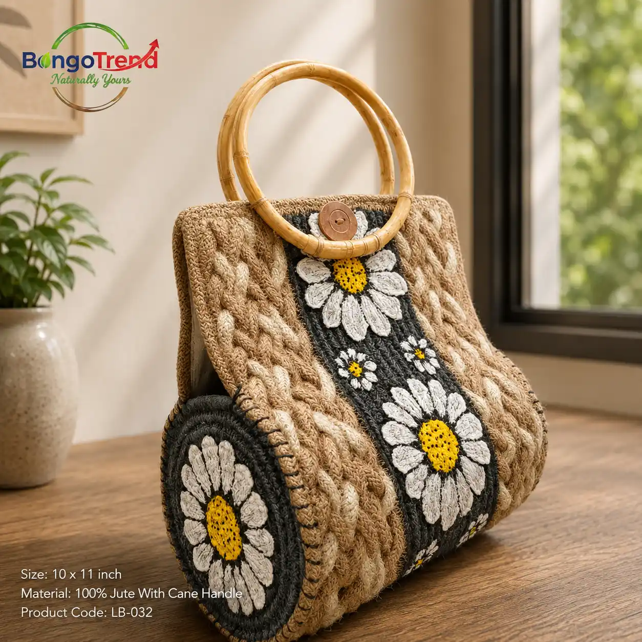 BongoTrend Hand-Painted Daisy Jute Bag with Cane Handle