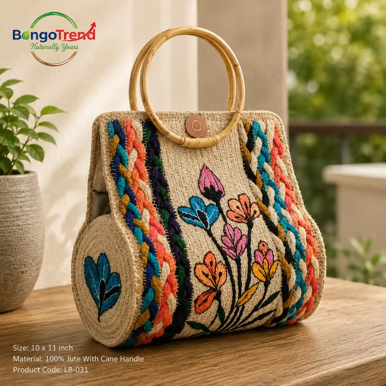 BongoTrend Hand-Painted Wildflower Jute Bag with Cane Handle