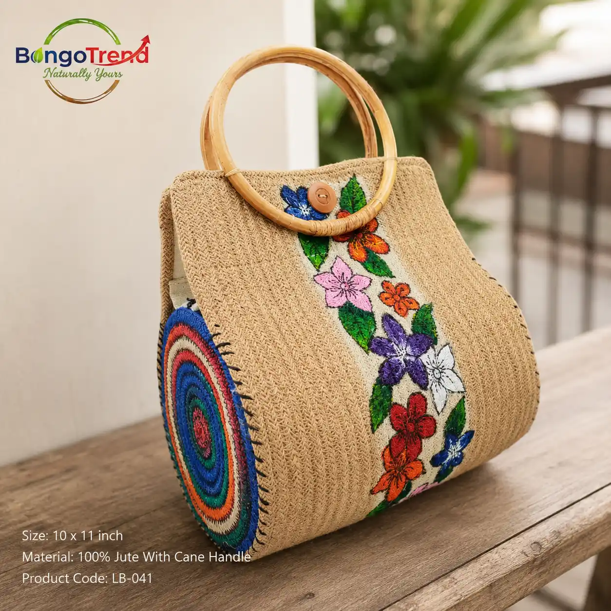 BongoTrend Hand-Painted Floral Vine Jute Bag with Cane Handle