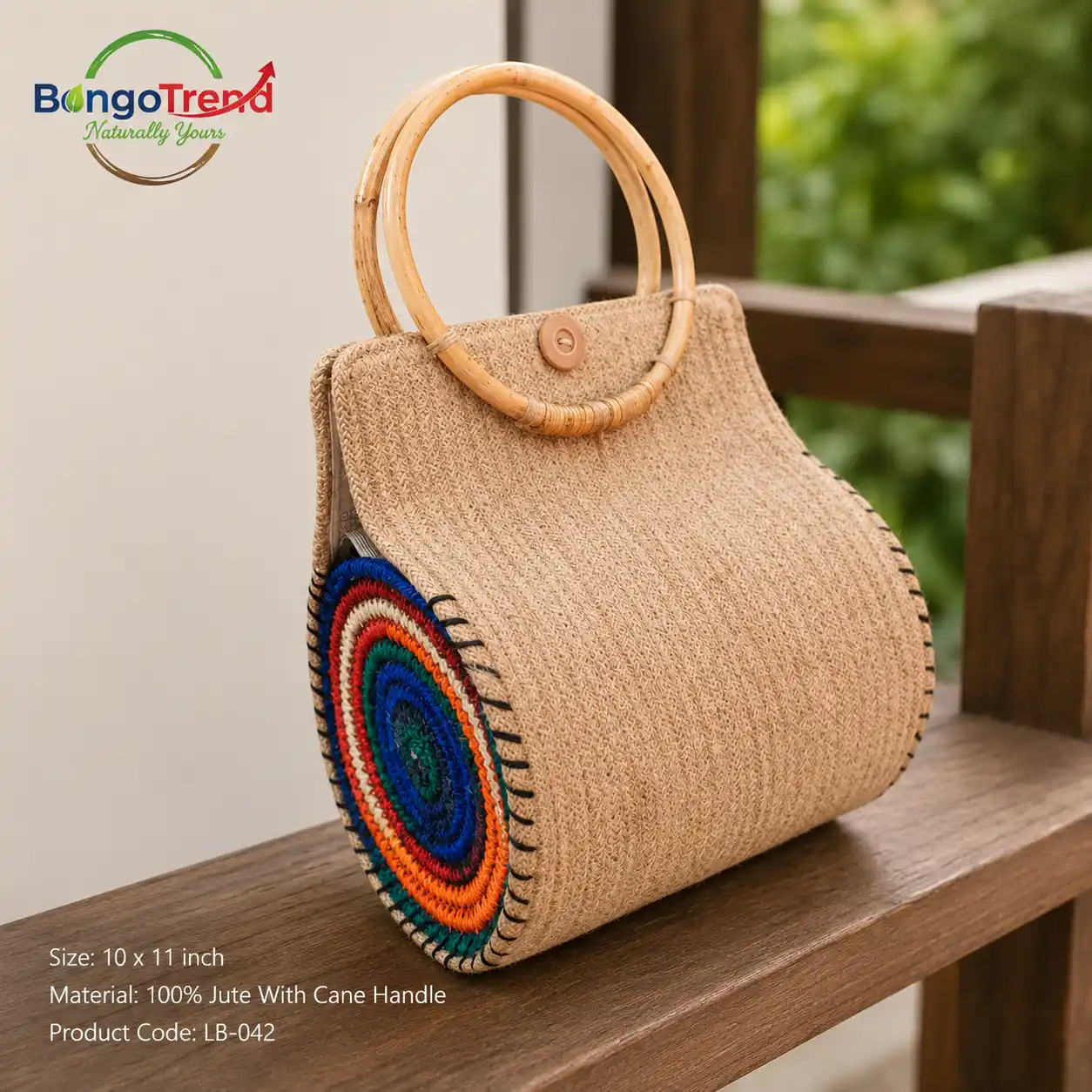 BongoTrend Curved Jute Bag with Rainbow Medallion