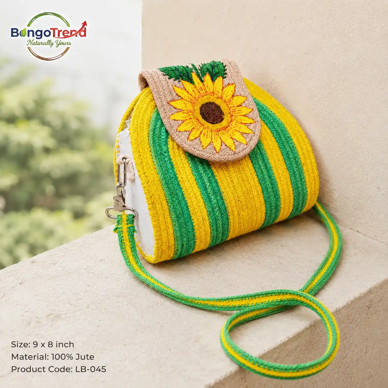 BongoTrend Sunflower Jute Crossbody Bag – Yellow & Green Stripe
