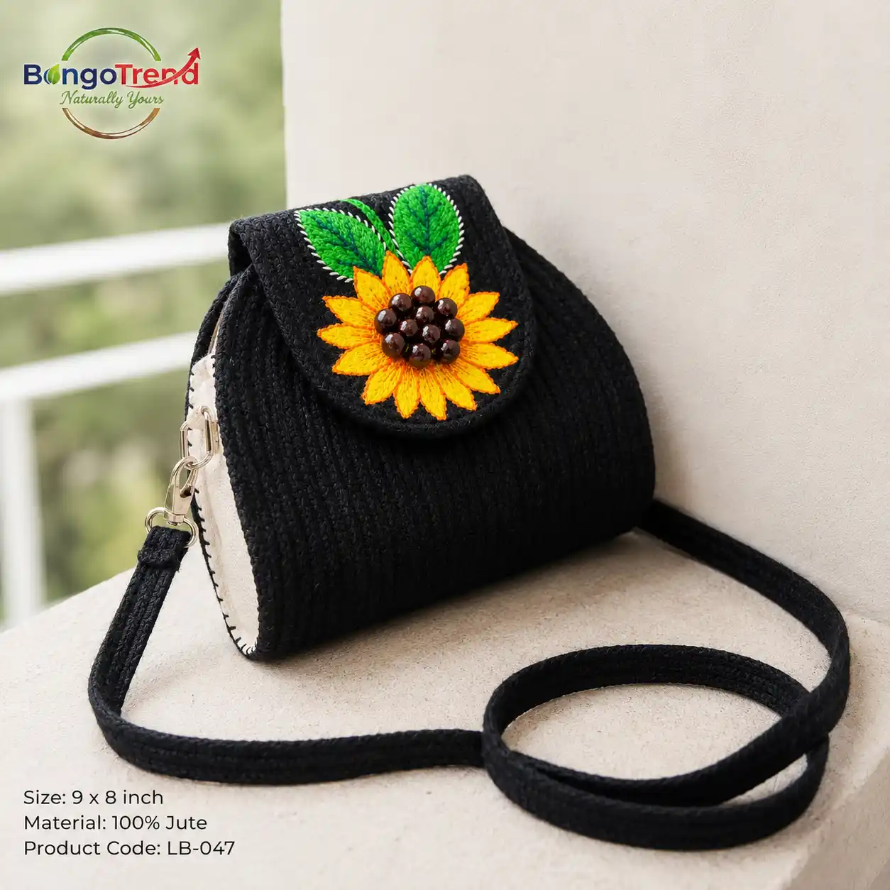 BongoTrend Floral Jute Crossbody Bag – Black