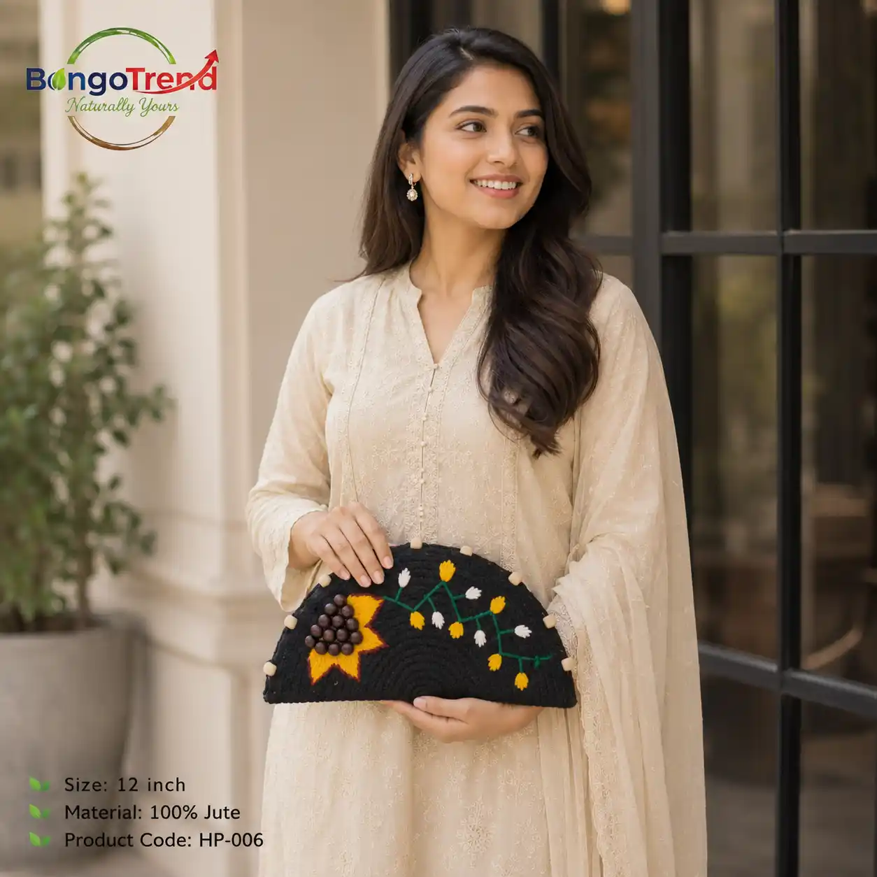 BongoTrend Hand-Sewn Jute Half-Moon Clutch with Floral Embroidery & Chain Strap