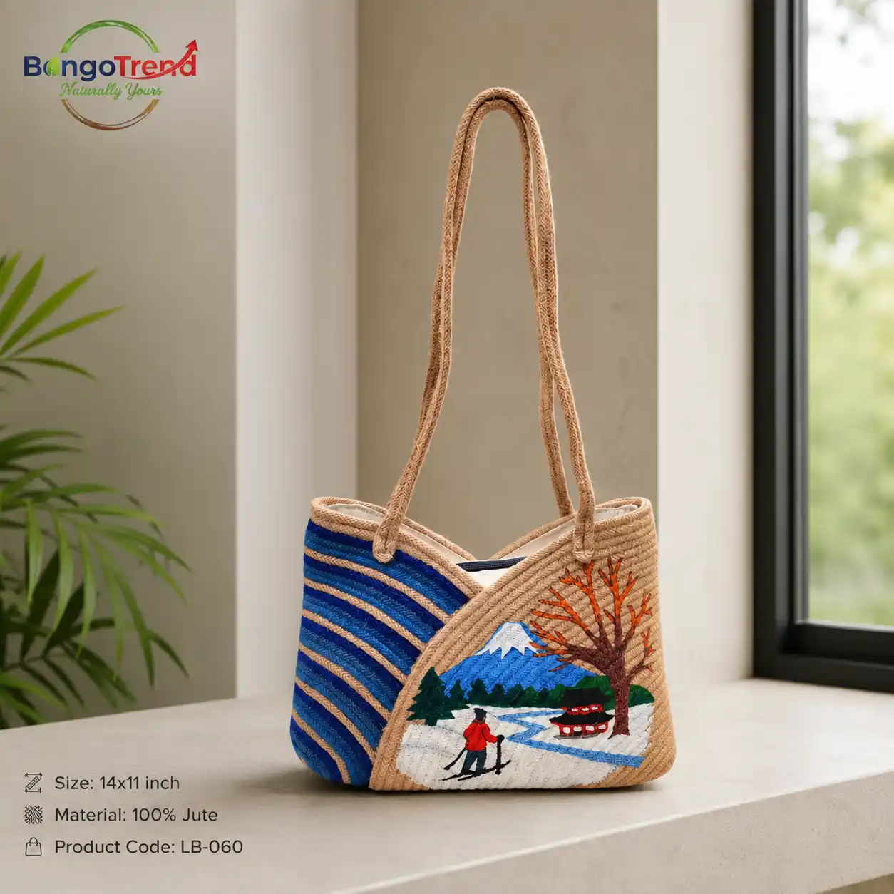 BongoTrend Tulip Mountain Scenery Hand-Painted Jute Bag