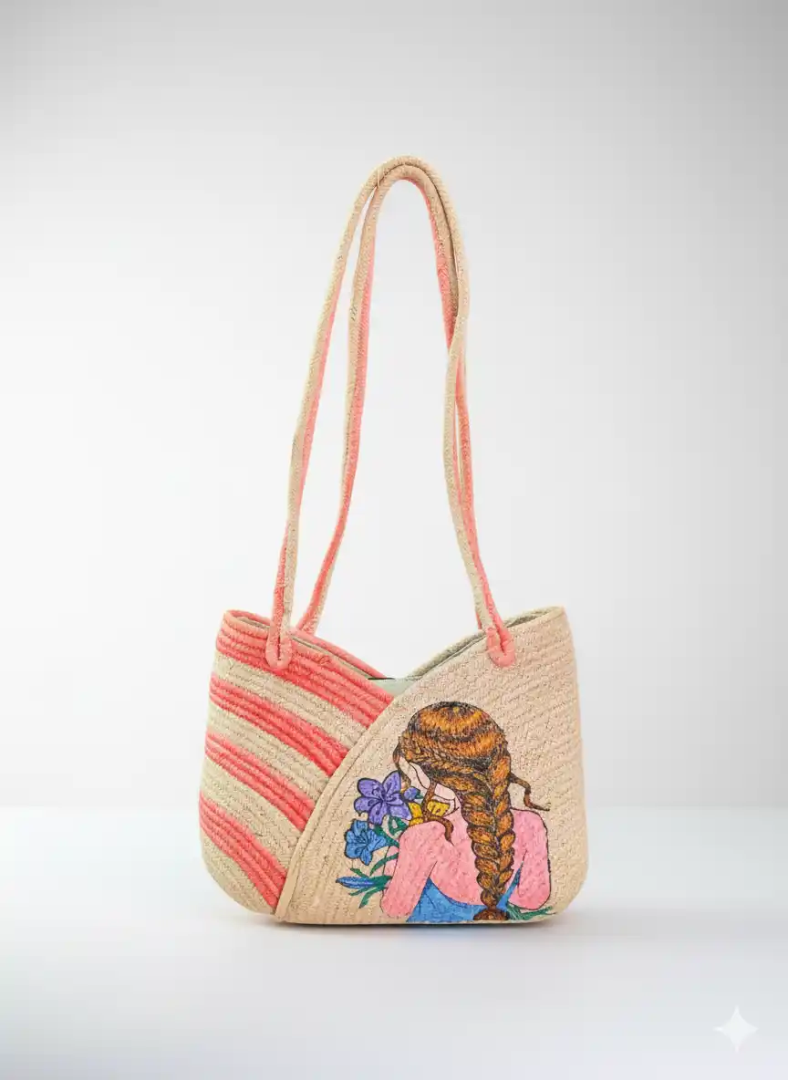 Hand Painted Jute Bag for Women – Washable, Eco-Friendly | BongoTrend | LB-008
